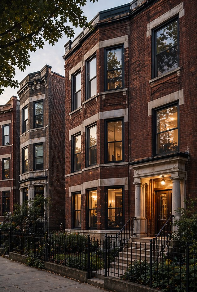 A row of brick Chicago three-flats at dusk